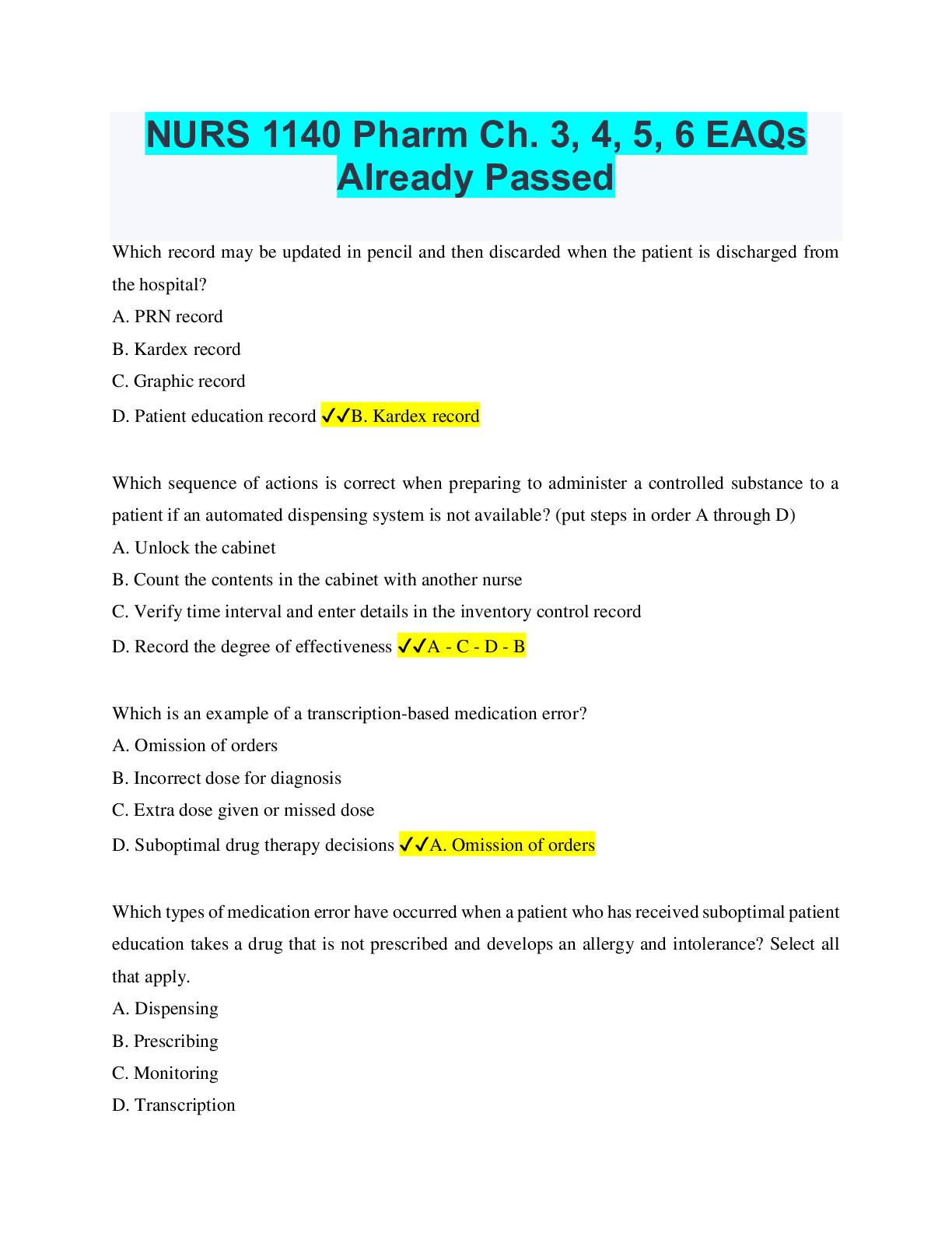 Preview of NURS 1140 Pharm Ch. 3, 4, 5, 6 EAQs Already Passed